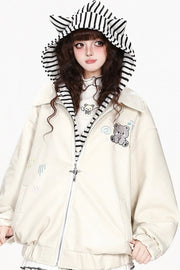 Bear embroidery and collar on apricot jacket