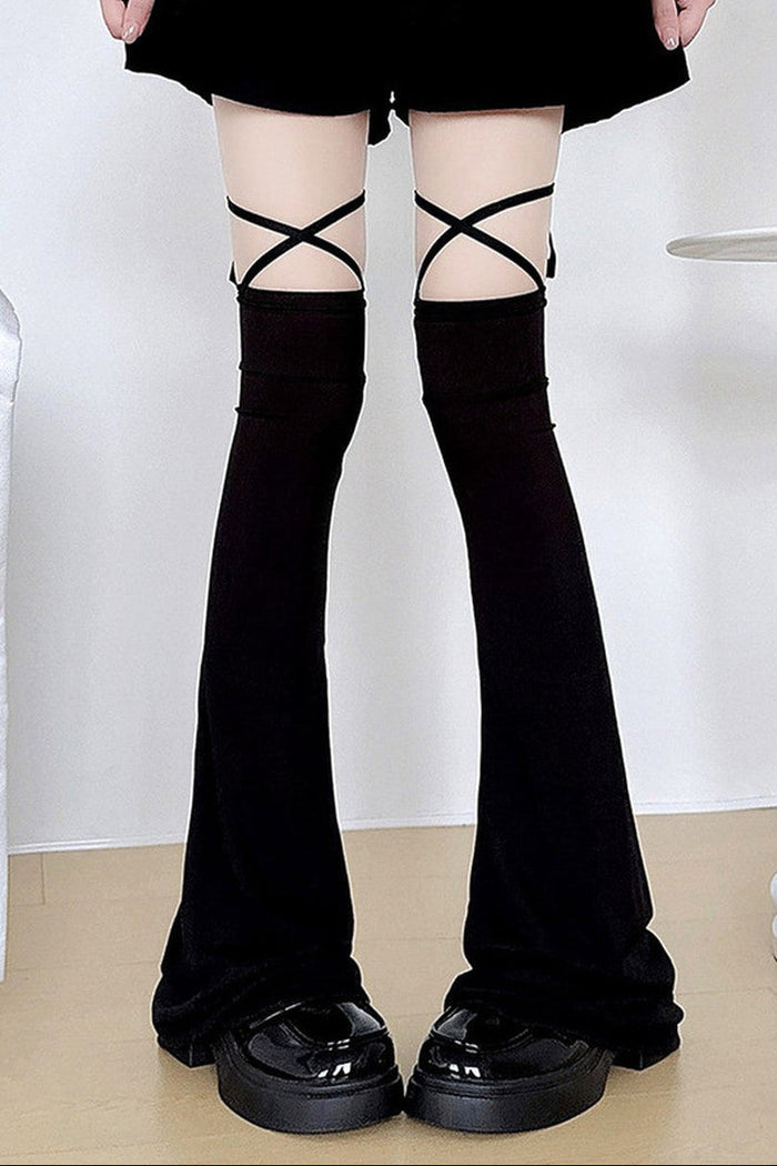 Black cross-tie over-knee leg warmers