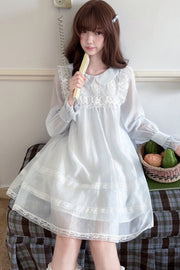 Blue long-sleeve dress with rounded collar