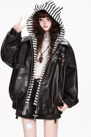 Bear-embroidered jacket with roomy sleeves