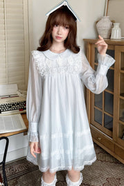 Pale blue doll-collar dress with floral lace bib