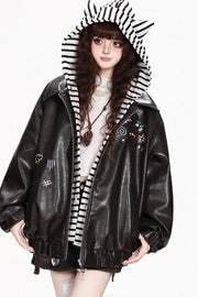 Deep brown faux-leather jacket with striped cat-ear hood