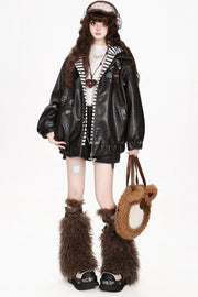 Deep brown jacket worn with hood lowered