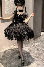 Black layered dress in standing styling