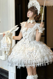 White lace JSK with layered ruffles
