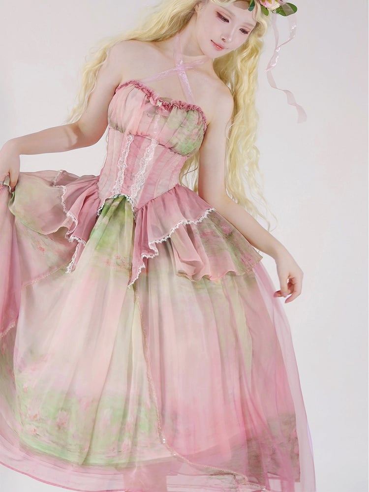 Close-up of Cyan pink boned halter corset top with lace trim and tiered skirt