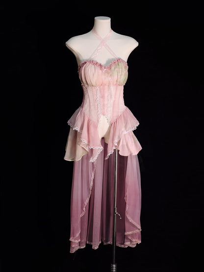 Cyan pink fairy corset top with 83 cm long tiered skirt on mannequin