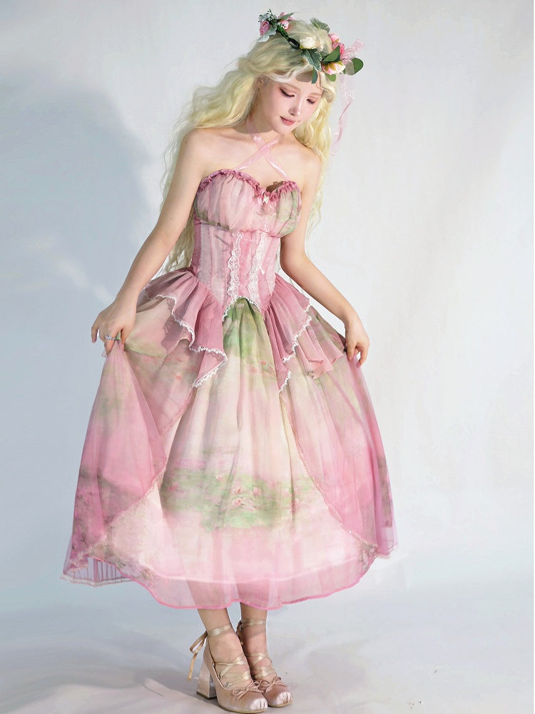 Model wearing Cyan pink fairy corset top with long tiered oil-painting skirt