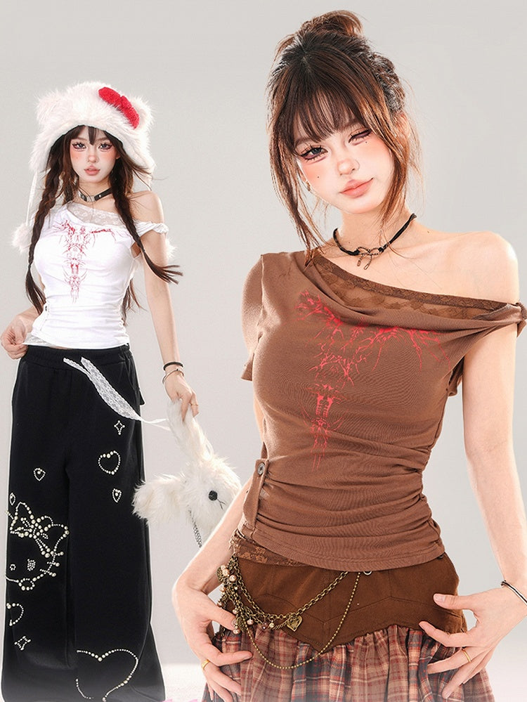 Brown/White Asymmetrical Neckline Ruched Printed Top