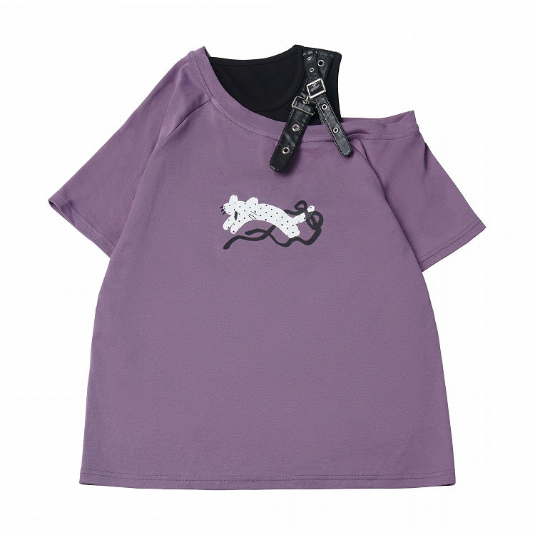 Dusty Purple Off-Shoulder Tee with Leopard Print and Buckle Accent - PINK SAVIOR