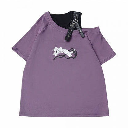 Dusty Purple Off-Shoulder Tee with Leopard Print and Buckle Accent - PINK SAVIOR