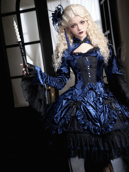 Dunkelblaues, abnehmbares Samtoberteil mit langen Glockenärmeln und Schlangenknochen-Stickerei