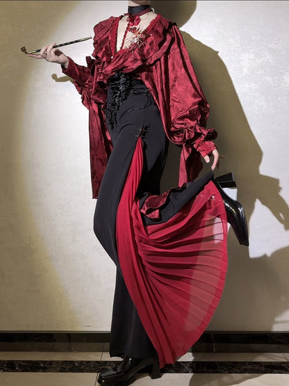 Wide-leg Ouji Pants Red Fashion Panel Black 110cm Pleated ( Extended ) High With Length Waist Chiffon