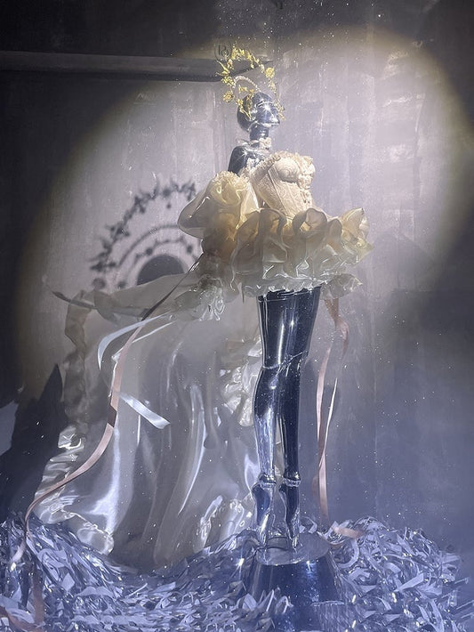 Set Balletcore + Volles Top Schleppe Große Schleife Ärmel Rock Korsett Gold Schnürung