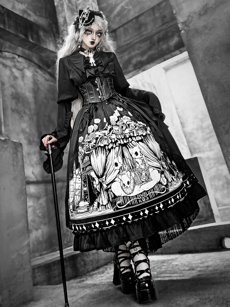 Sizes Cat Dark Plus Skeleton Black Lolita Available Skirt Print Gothic
