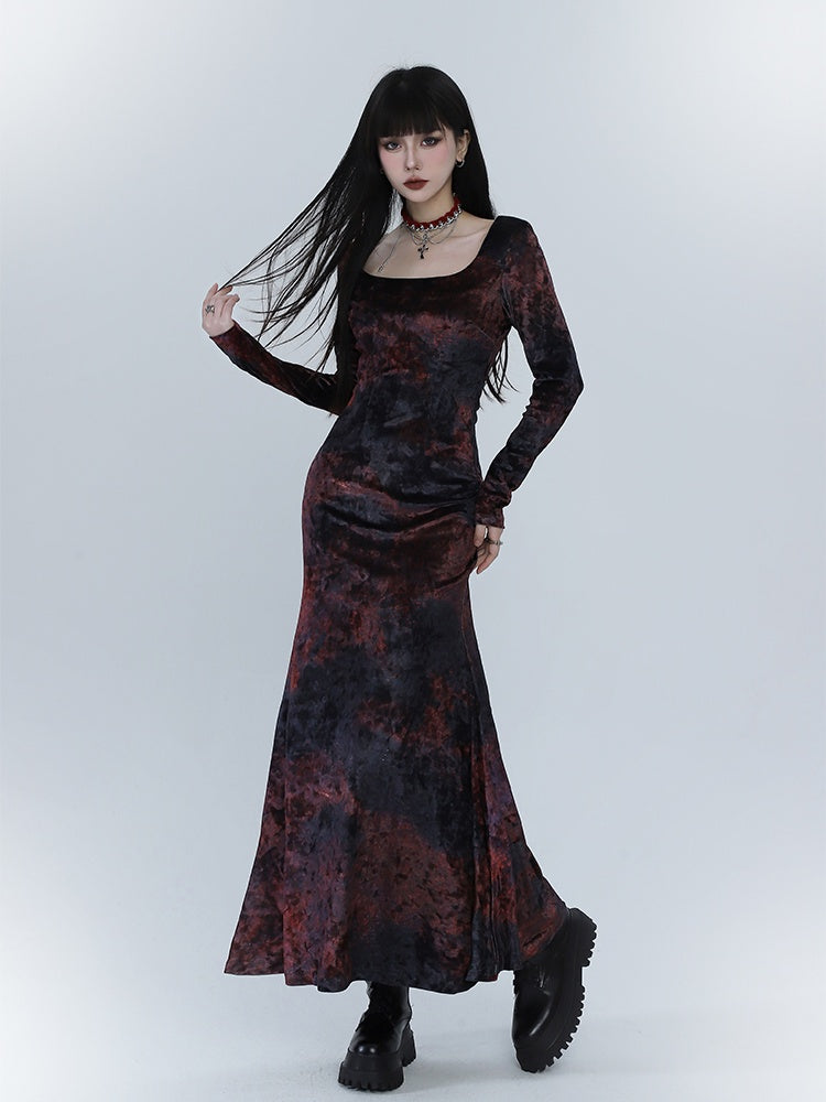 Black & Red Tie Dye Mermaid Skirt Velvet Dress