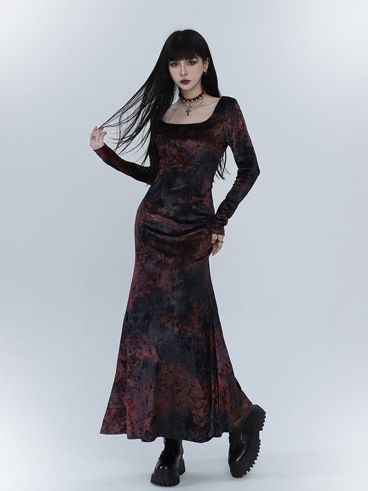 Black & Red Tie Dye Mermaid Skirt Velvet Dress