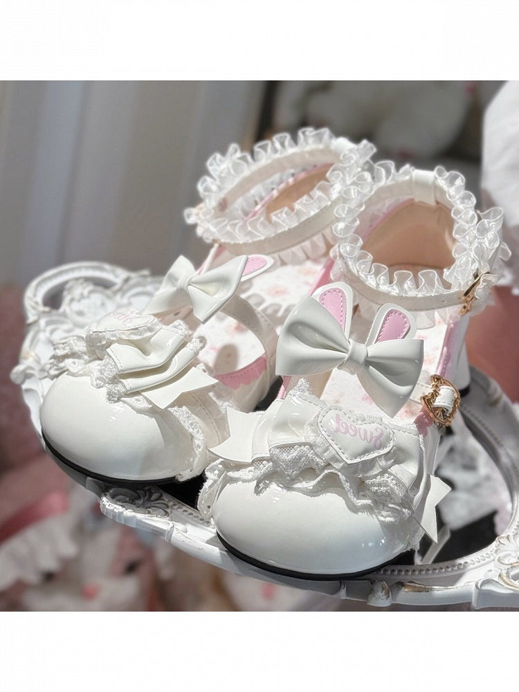 White Sweet Bunny Lolita Shoes with Cat Paw Heel and Heart Bowknot - Sweets Cat