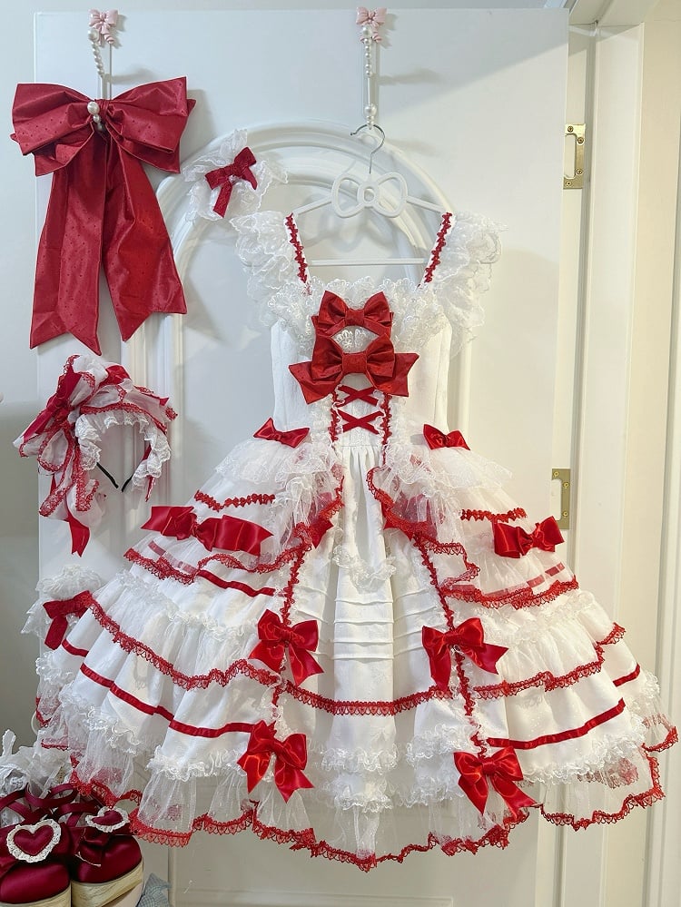 Rock Schleife Süße Prinzessin Akzente Rot Lolita Weiß und Pullover