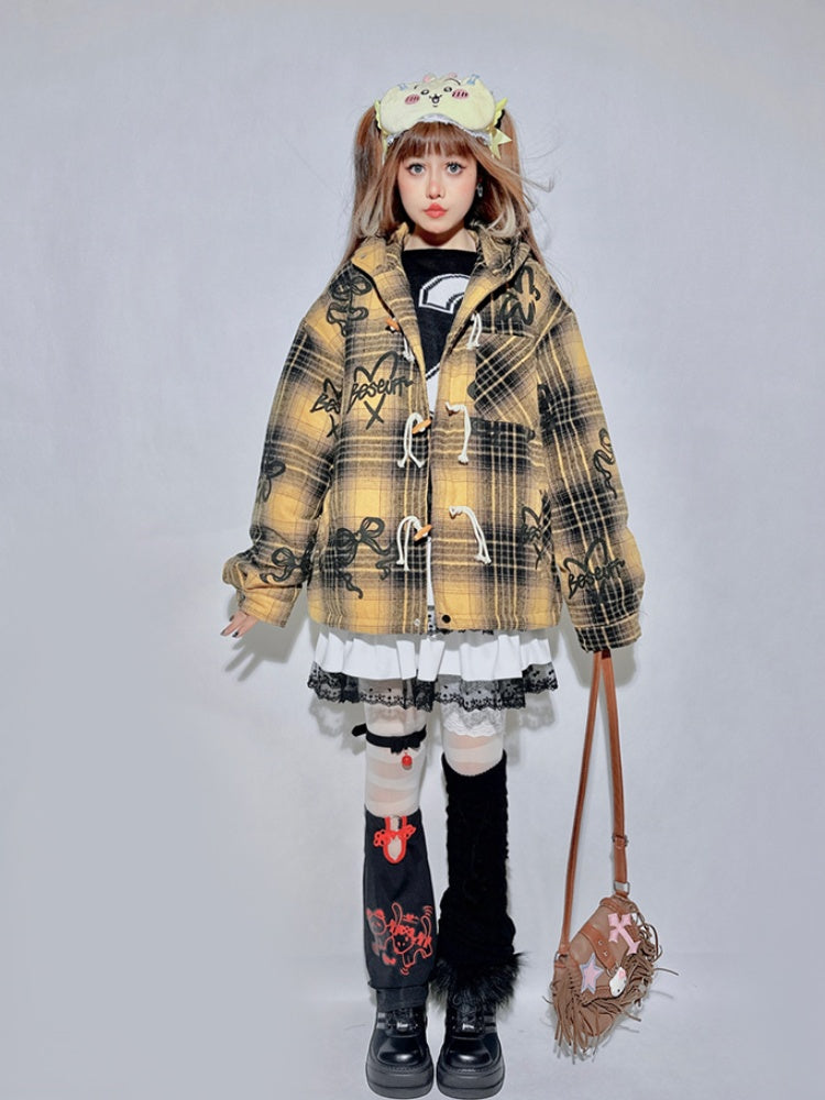 Yellow and Brown Plaid Print Bow Hooded Duffle Coat