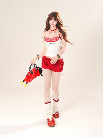 Sweetheart Neckline Faux Two-pieces Cami Top Black/White