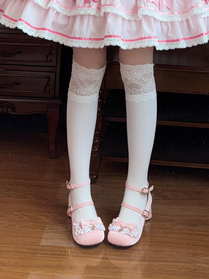 with Lolita - Heel at Trim Toe Cute Details Lace Pudding Janes Pink Top Bow Sweet Style Pumps Round Mary