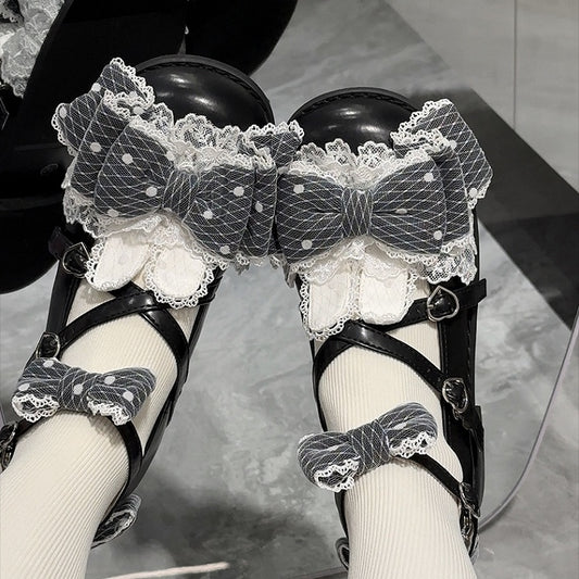Mary - Heart Black Toe Dot Round Jane Bunny Ear Buckles with Polka Shoes Low/Mid-heel Bows