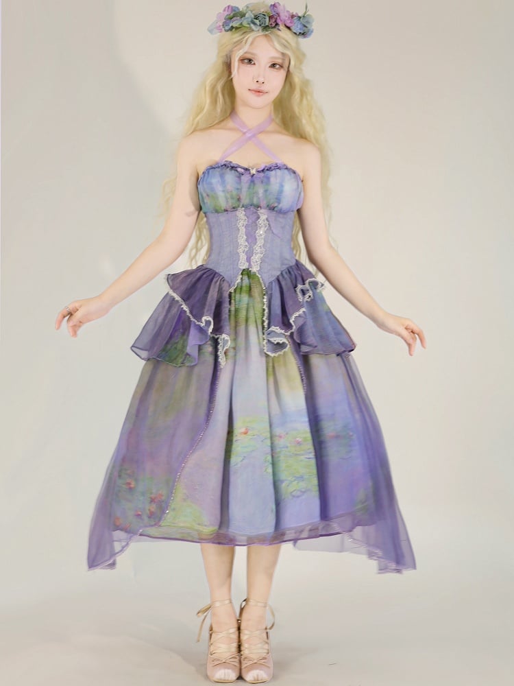 Fairy Oil Painting Purple Tiered Flounce Hem Halter Boned Corset Top Print