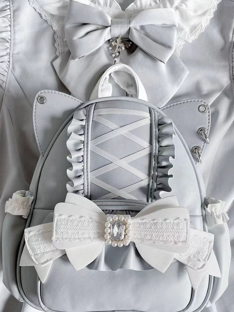 Jirai Kei Blue Cat Ear Backpack With Beaded and Rhinestone Bow Light