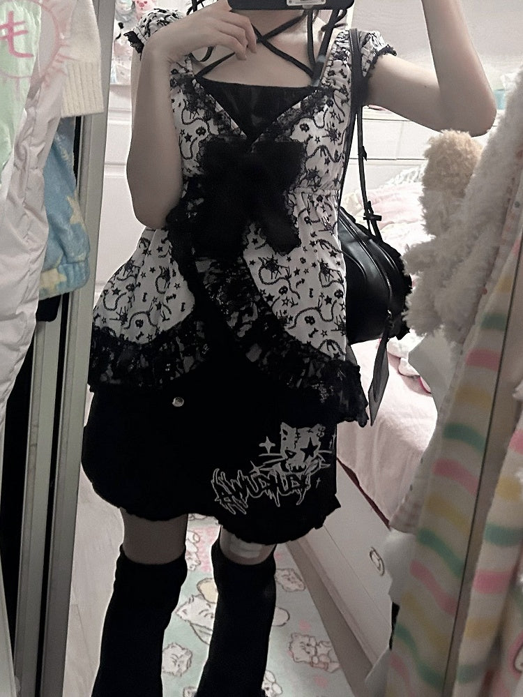 White with - Accents Bow Trim Two-piece Black Short Top Sleeve Lace