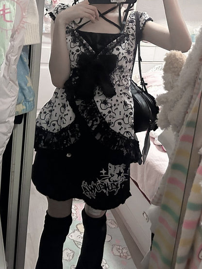 White with - Accents Bow Trim Two-piece Black Short Top Sleeve Lace