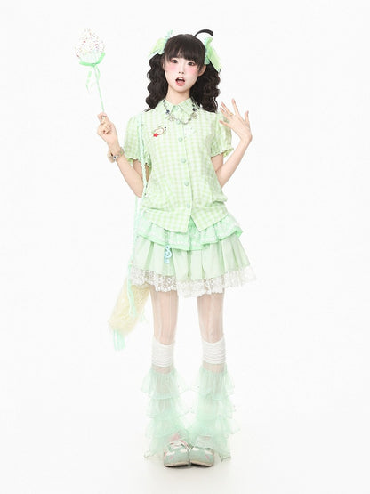 Green Gingham Puff Sleeve Top with Apple Embroidery - Languid Park