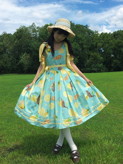 Blue Sweet Lolita Floral Print Jumper Dress with Cat Motif - Cutey Mask