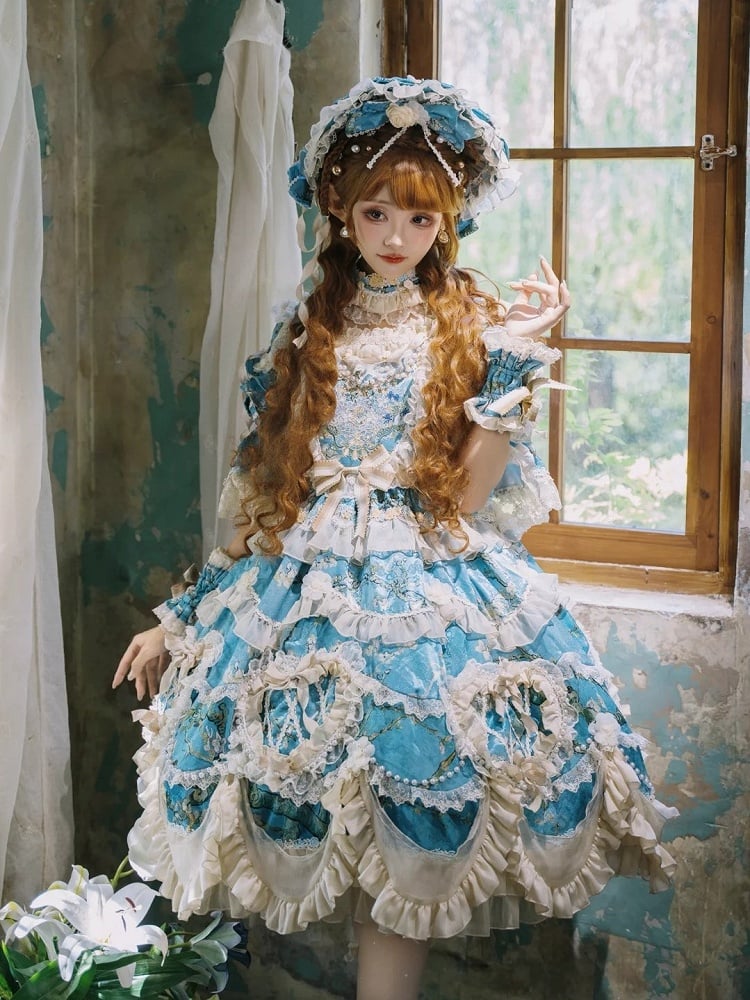 Floral Blue Edge with Hem Lolita Dress Print Scalloped Hime Lace