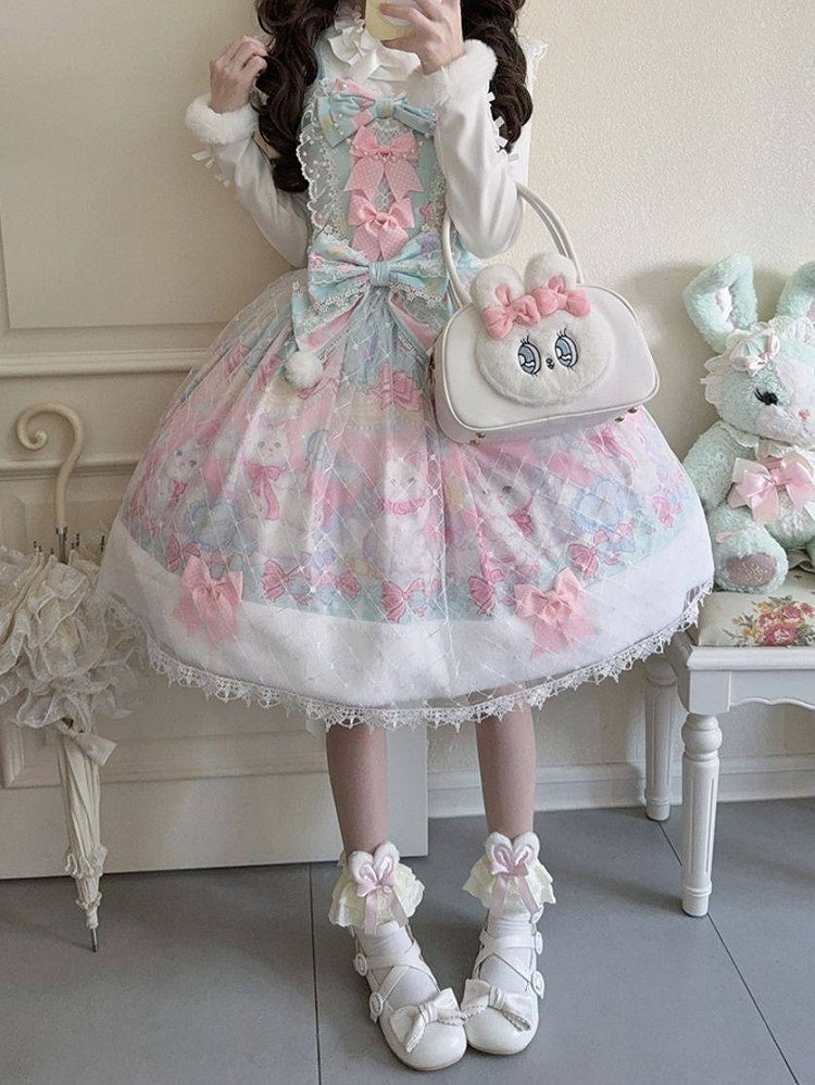 Sweet Trim with Cat Hem Lolita and Print Accents Green Bow Pink Fur Dress Light
