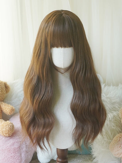 Schwarz/Weiß/Hellblond/Blond/Karamell/Grau, lange, gewellte Perücke mit vollem Pony