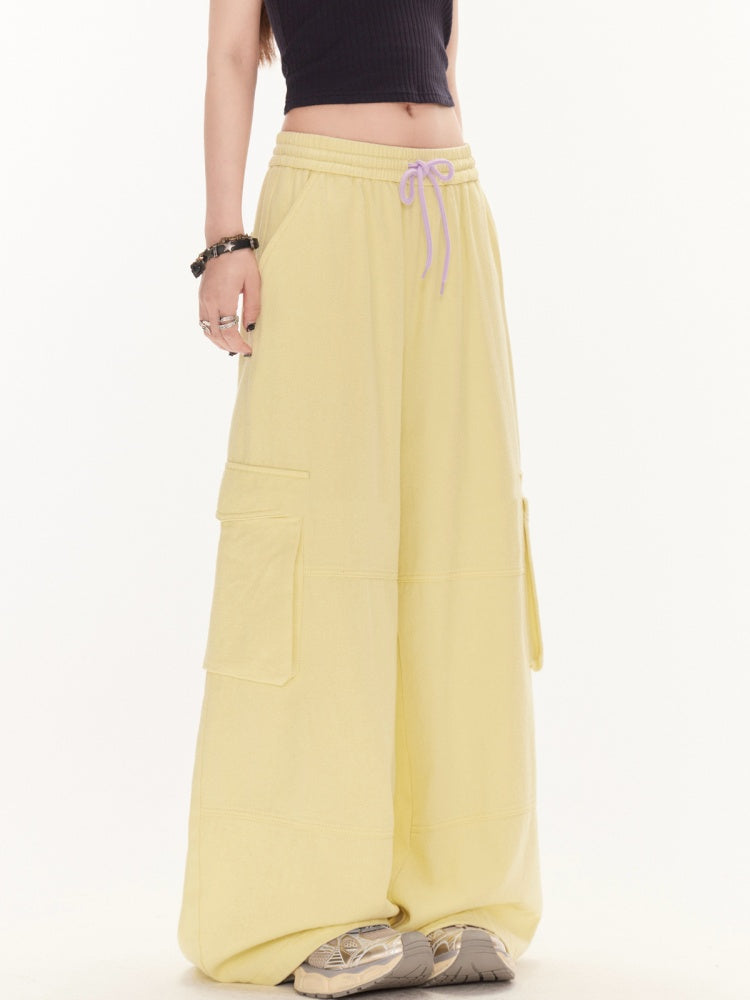 イエローのドローストリングウエストワイドレッグカーゴパンツ