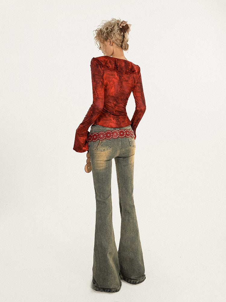 Sleeves Tie-Front Cardigan Ombre Bell Red Knit Ribbed with