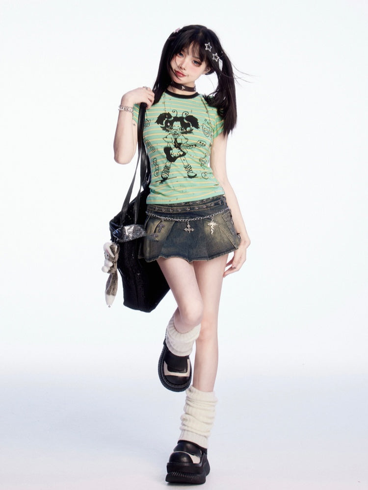 Mädchen Print Rundhals Grün Gestreiftes T-shirt Rock