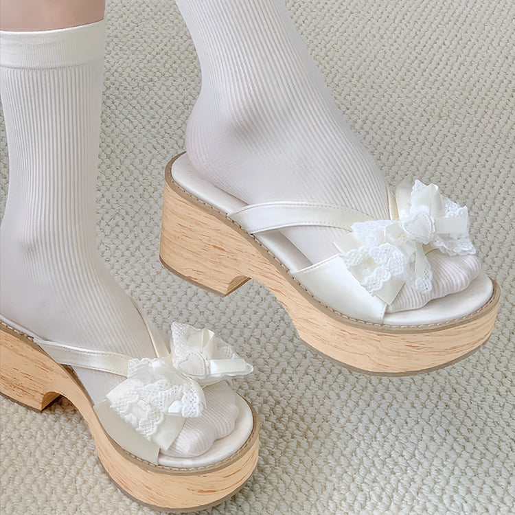 Top Platform Heart - Accent Slippers Bow Off-white Grain Wood with Lolita