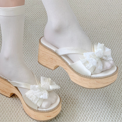 Top Platform Heart - Accent Slippers Bow Off-white Grain Wood with Lolita