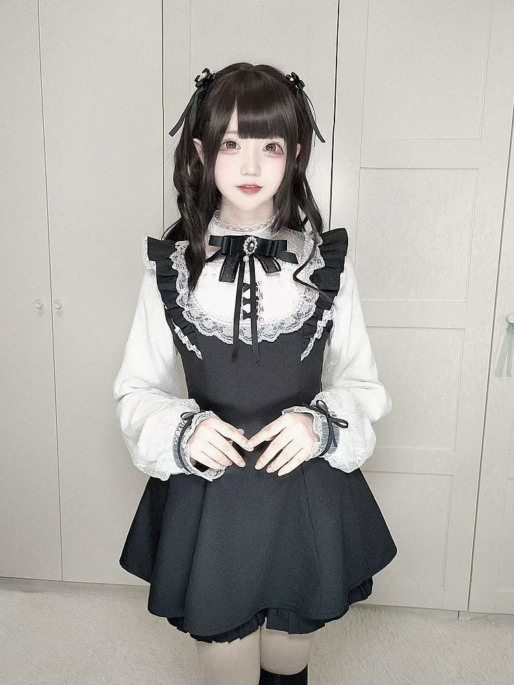 Plaid White/Gray Black Shorts Sleeves Set: with Long Illusion Neckline Top in Jirai Kei