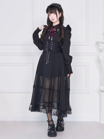 Kei Mesh Skirt with Black Overlay Corset Jirai Waist High Lacing Long