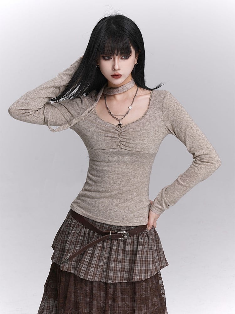 Haferflocken-Top mit U-Ausschnitt, Knopfrüschen und passendem Nackenband, Grau