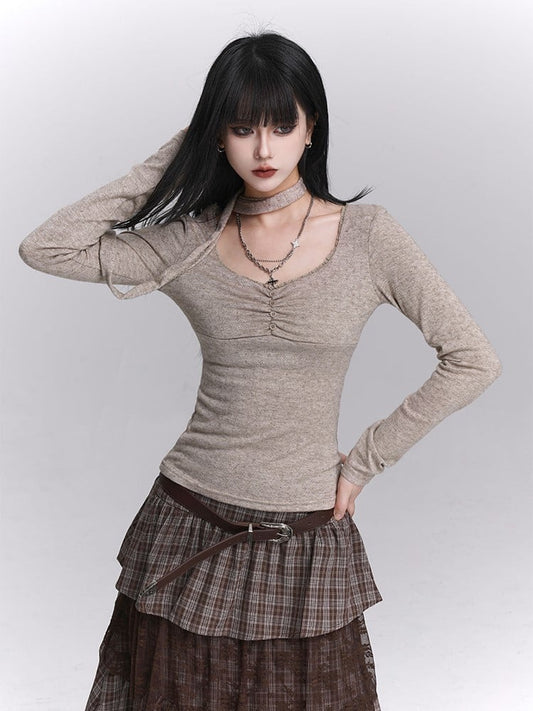 Oatmeal Top U-Neck Button Ruches with Matching Neck Strap Gray