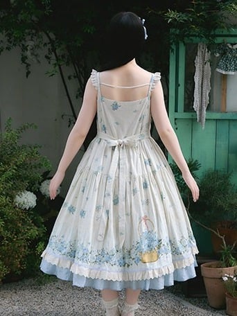 Sweet Lolita Style Summer JSK Dress with Lace & Blue Floral Print - Rock Candy Box