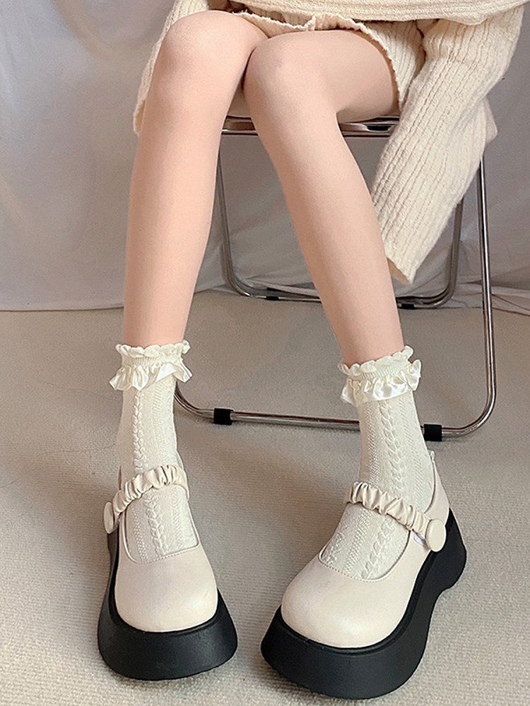 Cute White/Beige/Black Ruffled Socks Cotton