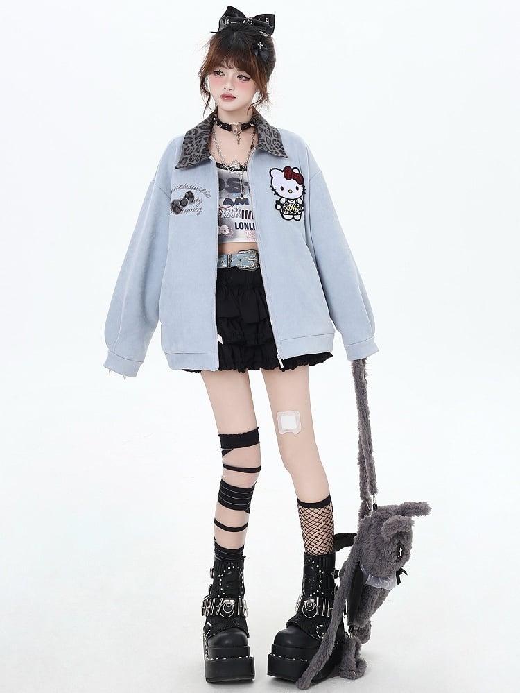 Blue Kitty Leopard Collar Baseball Jacket