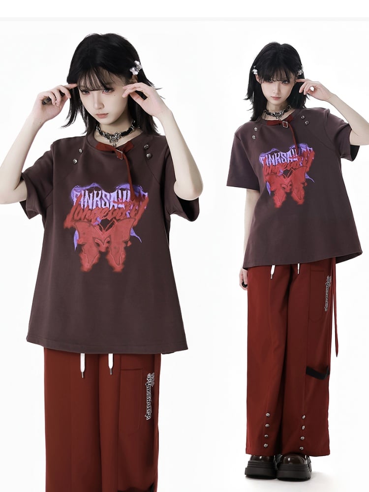 Buckle T-Shirt Red and Gray Round Neck Metal Butterfly Print Stud Details