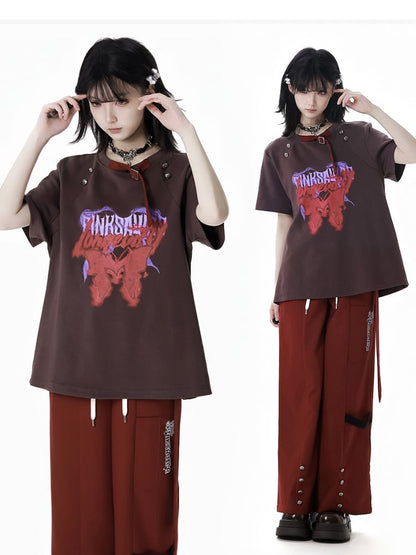 Buckle T-Shirt Red and Gray Round Neck Metal Butterfly Print Stud Details